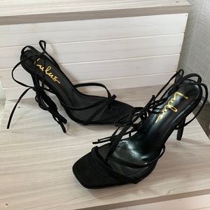 Lulu’s black open-toed lace up heels size 7.5
